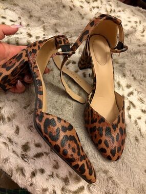 Cato Leopard Print Block Heel Ankle Strap Pumps - Brown Black